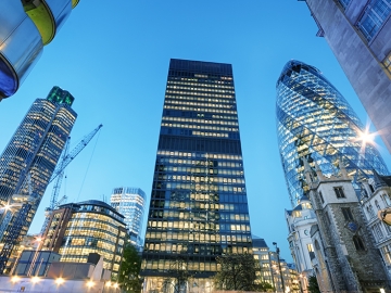 London financial district skyscrapers looking upward