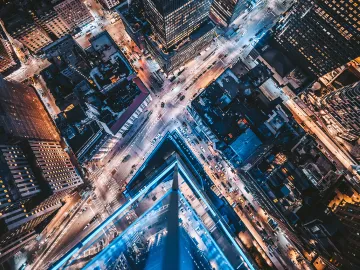 city streets at night from above