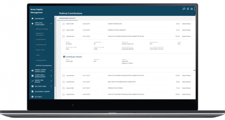 ComplianceAlpha political contributions screen on laptop